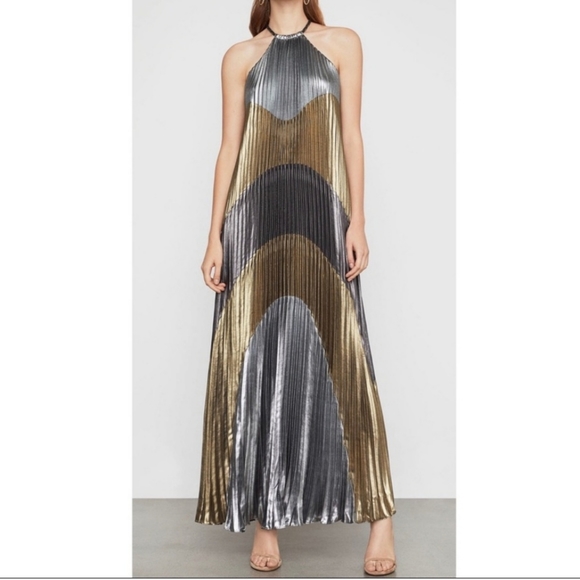 knee length dresses for ladies BCBGMAXAZRIA Metallic Pleated Gown – Runway Catalog
